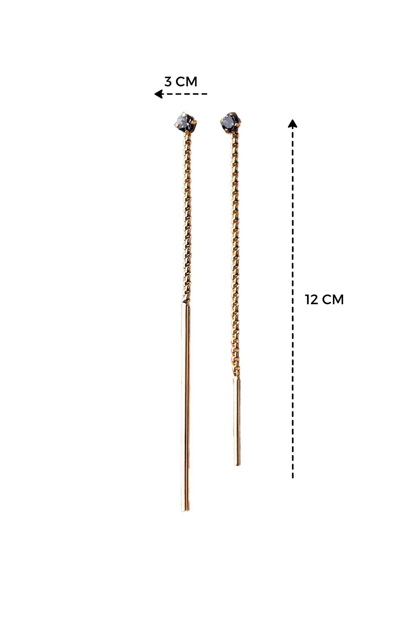 a pair of earrings with measurements for each ear