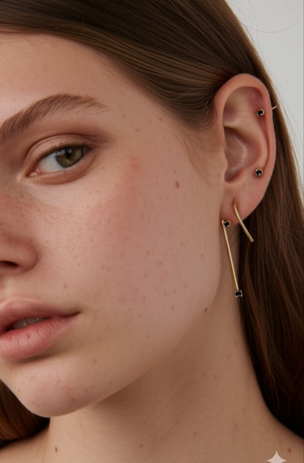 Minimalist solid 14k Gold Bar Earrings with Black Stones – Sleek & Bold