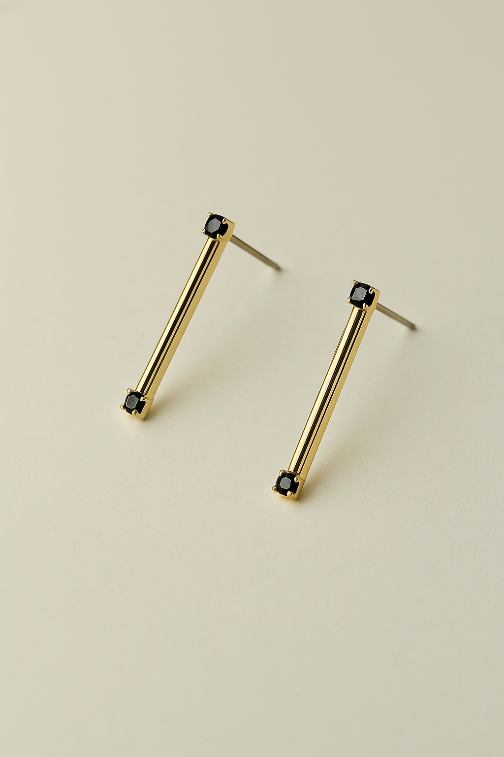 Minimalist solid 14k Gold Bar Earrings with Black Stones – Sleek & Bold