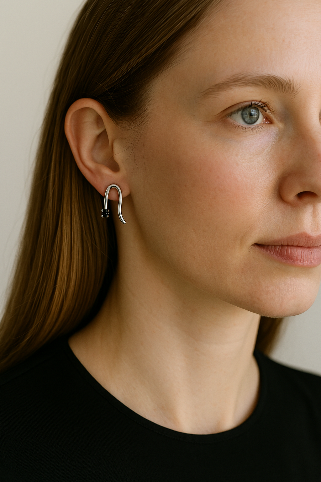 Curved Silver-Plated Earrings with Black Zircons – Modern Minimalism