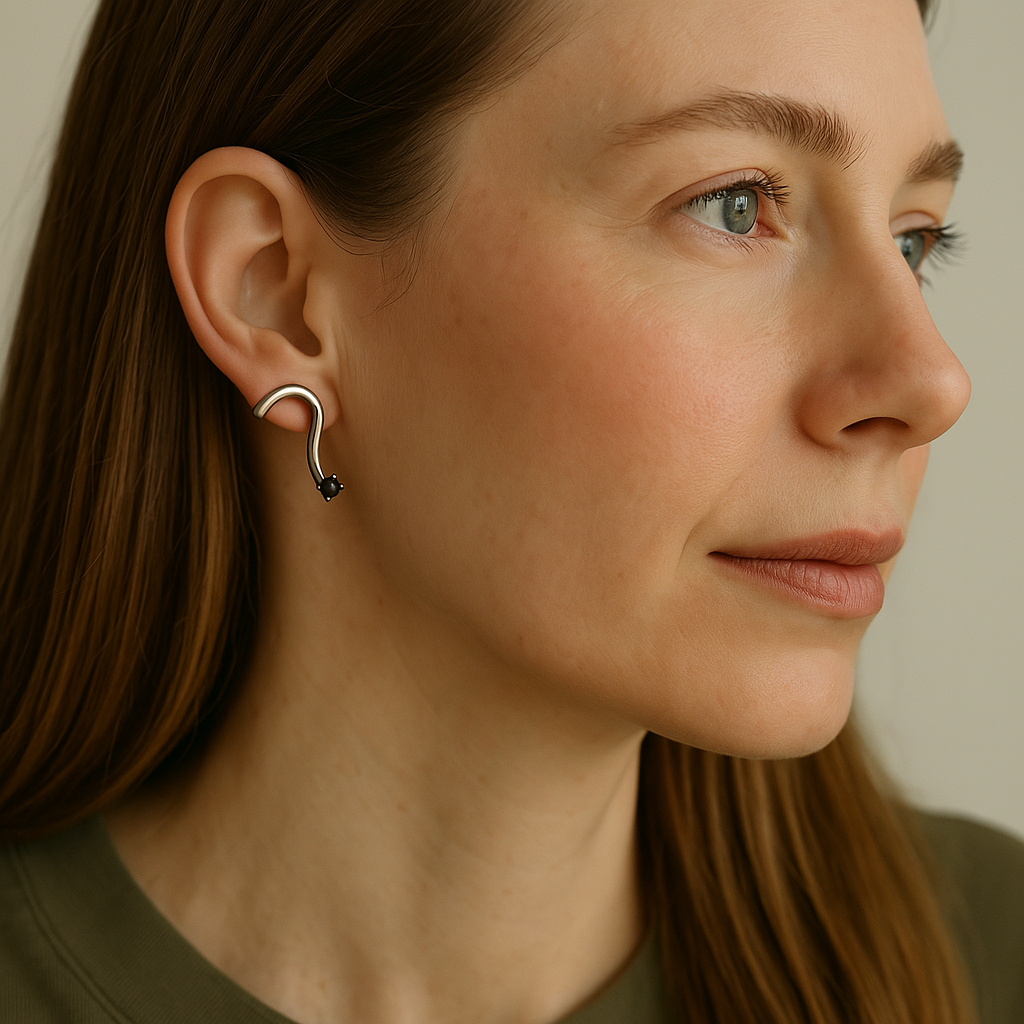 Curved Silver-Plated Earrings with Black Zircons – Modern Minimalism