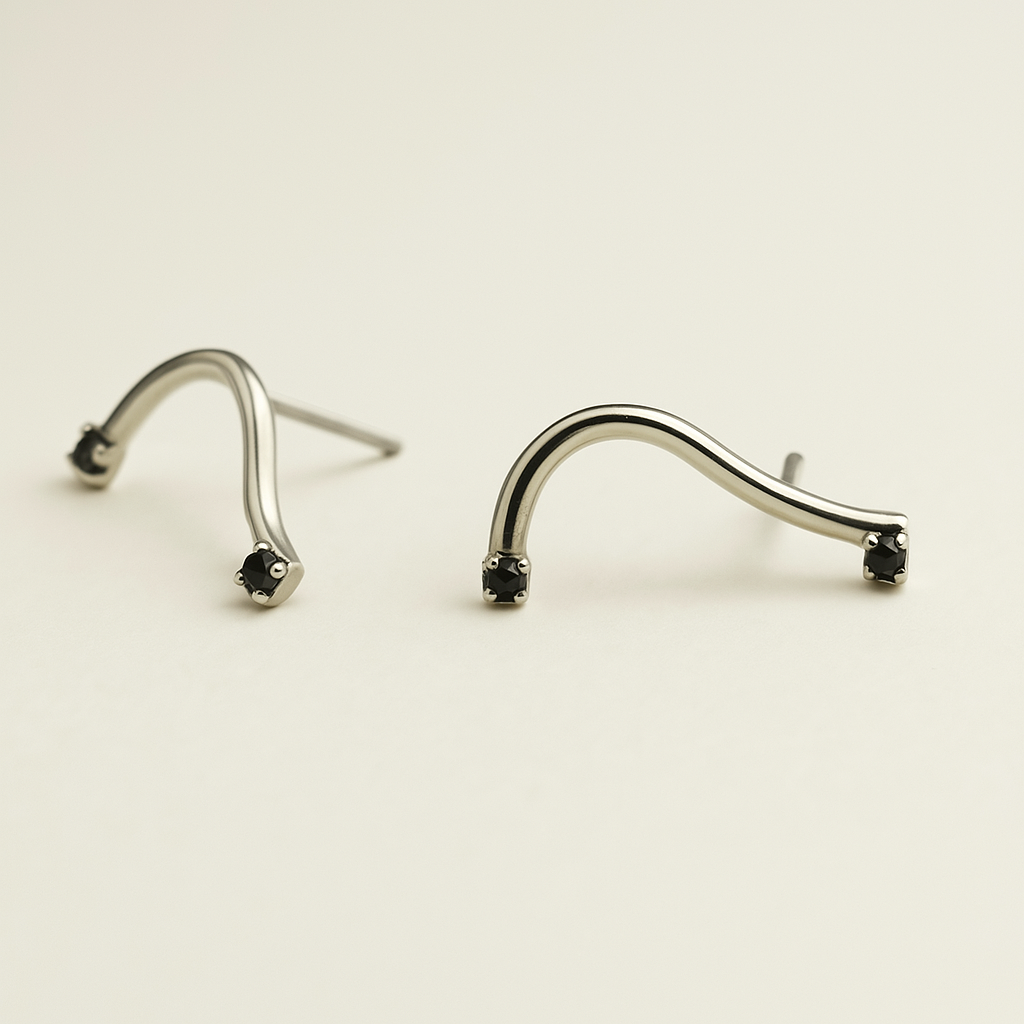 Curved Silver-Plated Earrings with Black Zircons – Modern Minimalism