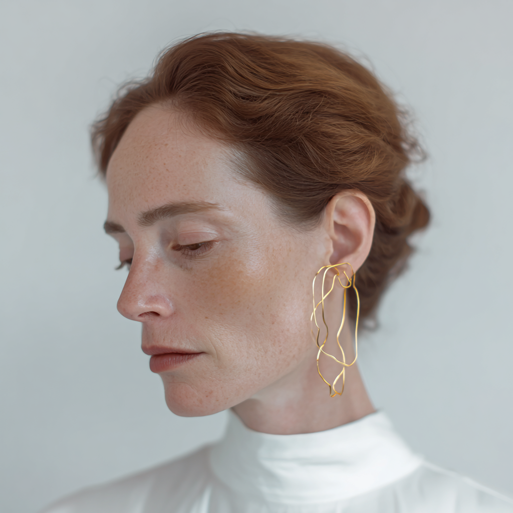 Handcrafted gold jewellery from the “golden motion” collection by OTILYAS-minimal and sculptural design.