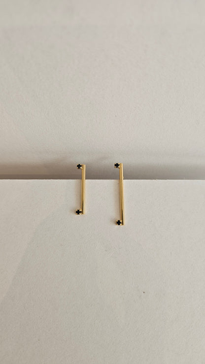 Minimalist 18k Gold plated Bar Earrings with Black Stones – Sleek & Bold