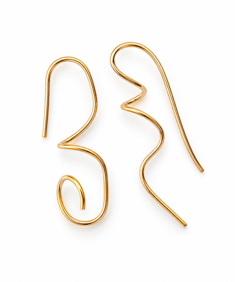 Anjelica Earrings Nº 268 (A268-G439), handmade gold-plated wire earrings, one spiral and one wave, by OTILYAS on white