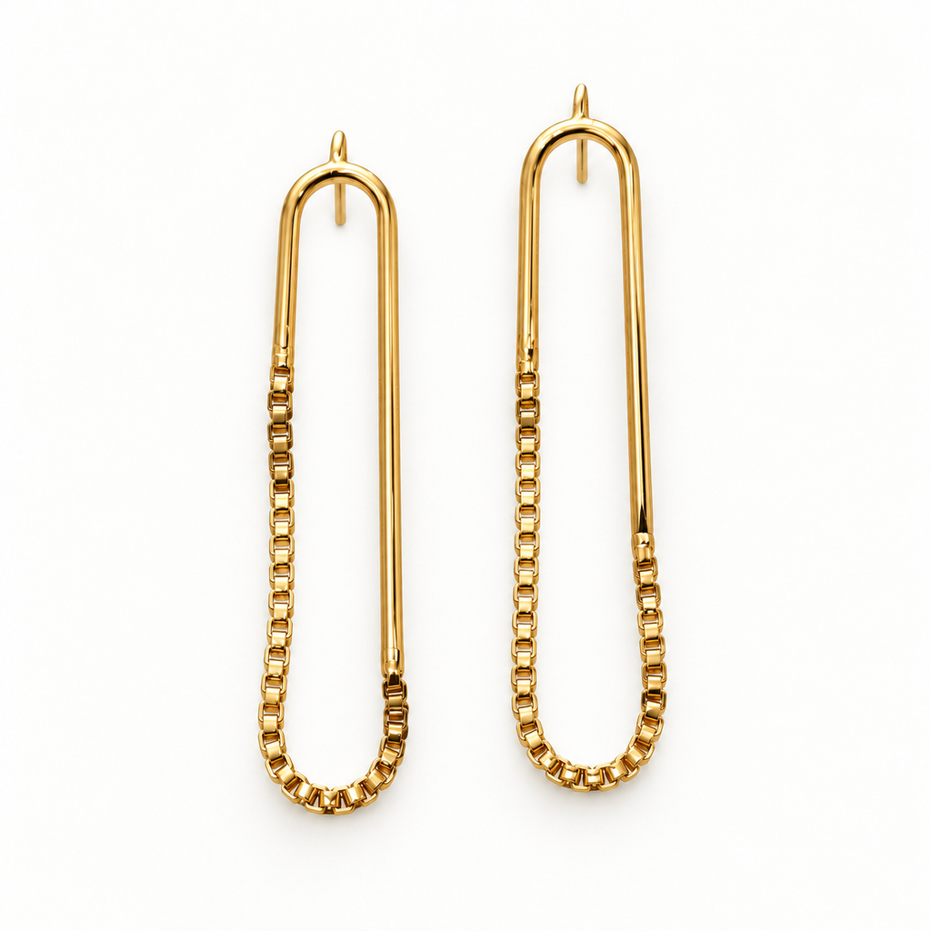 Emma Earrings Nº 9 (E9G202), handmade gold-plated paperclip earrings with box chain by OTILYAS, front view