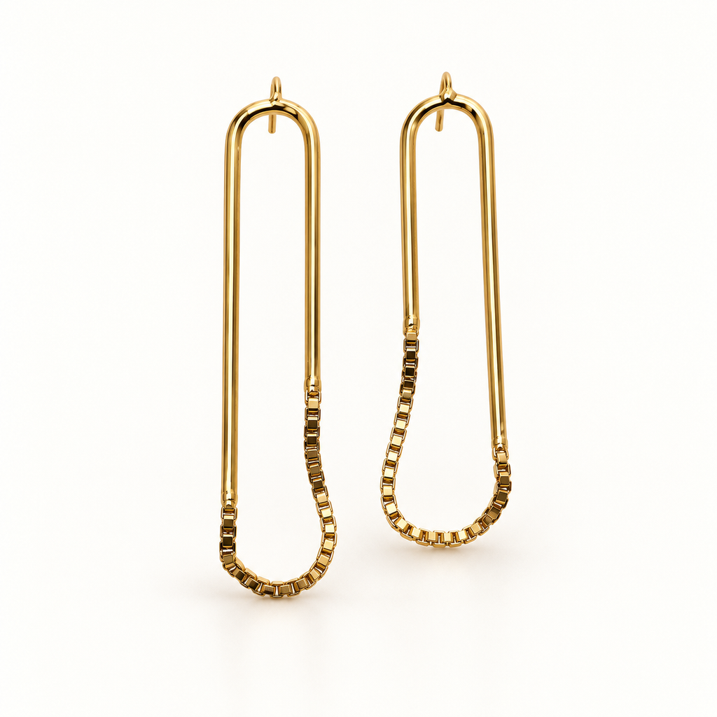 Emma Earrings Nº 9 (E9G203), handmade gold-plated paperclip earrings with box chain by OTILYAS