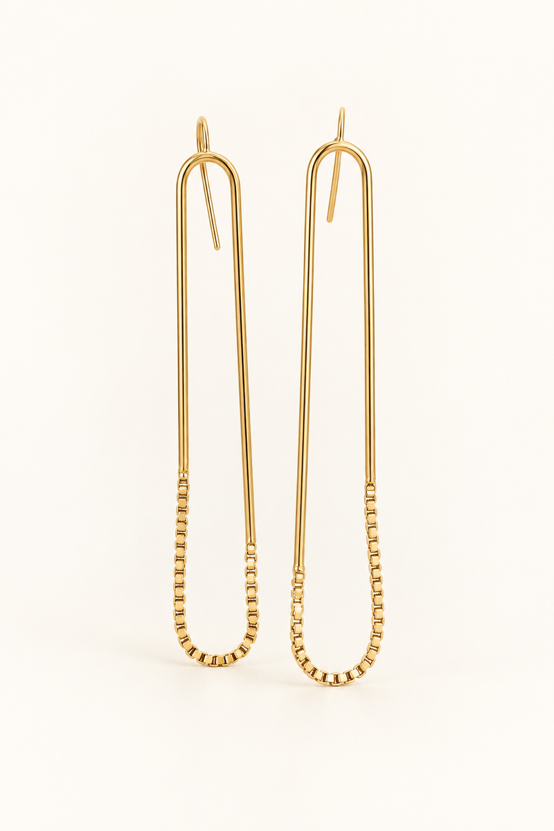 Emma Earrings Nº 9 (E9G205), handmade gold-plated paperclip earrings with box chain by OTILYAS