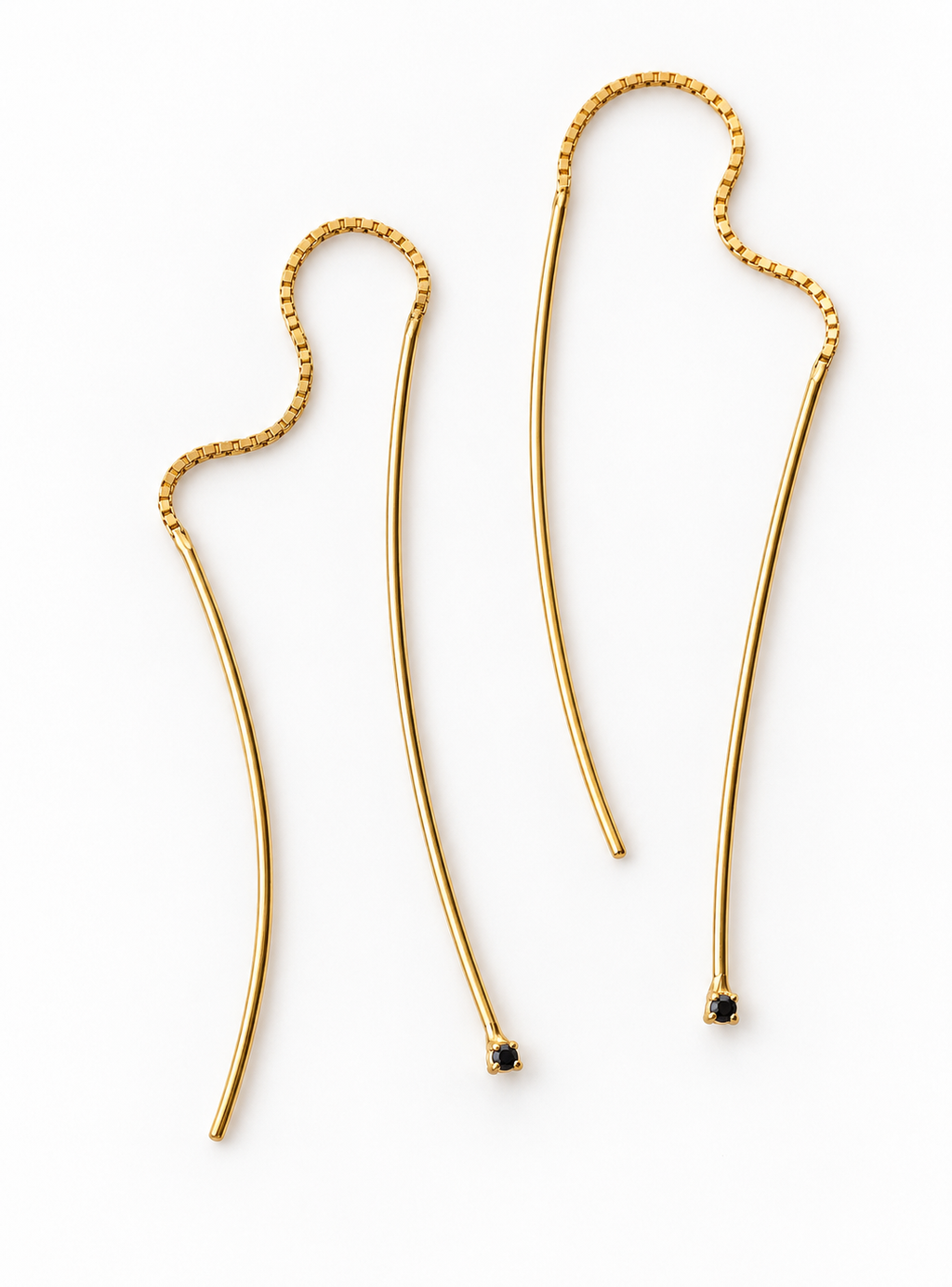 Trace Earrings Nº 315 (T315-G428), Black zirconia, handmade gold-plated threader earrings with box chain by OTILYAS on white