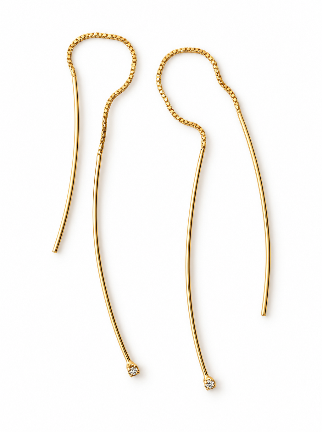 Trace Earrings Nº 315 (T315-G452), Transparent zirconia, handmade gold-plated threader earrings with box chain by OTILYAS on white