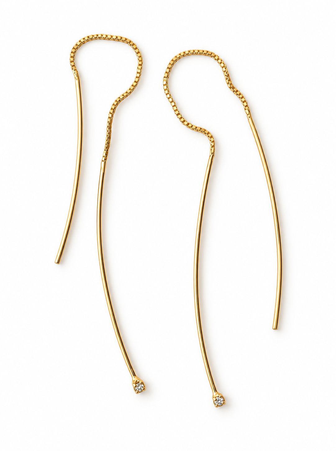Trace Earrings Nº 315 (T315-G452), Transparent zirconia, handmade gold-plated threader earrings with box chain by OTILYAS on white