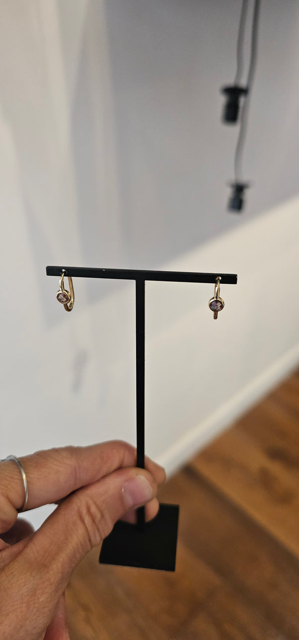 Amethyst hoop earrings, 14k gold, studio photo