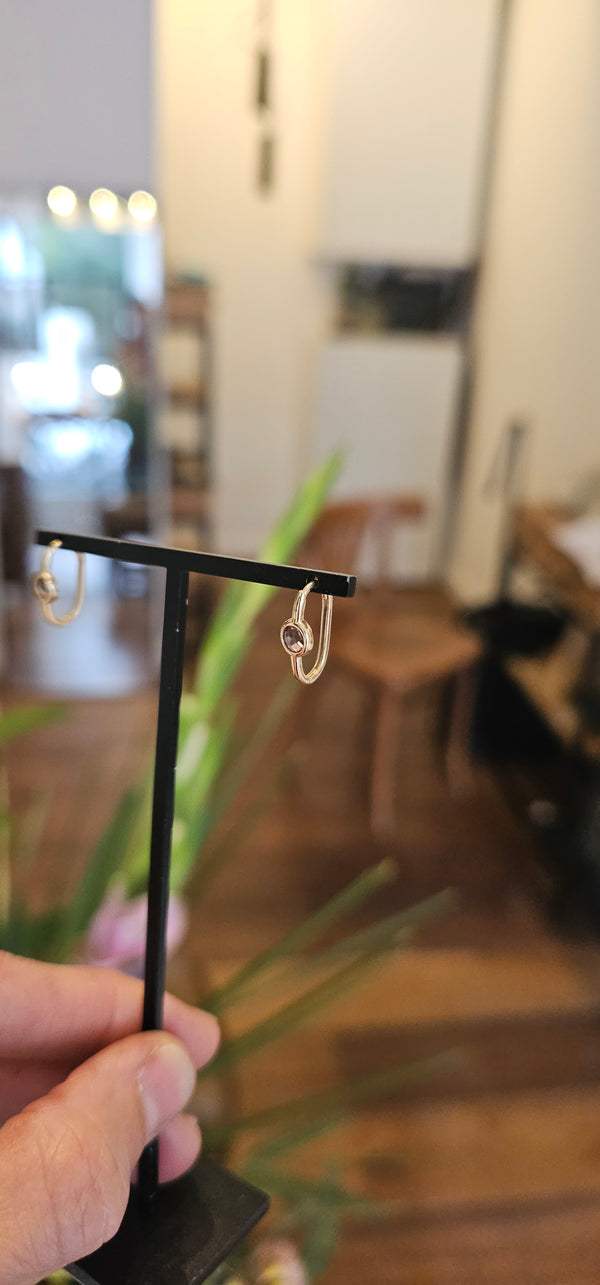 Amethyst hoop earrings, 14k gold, studio photo
