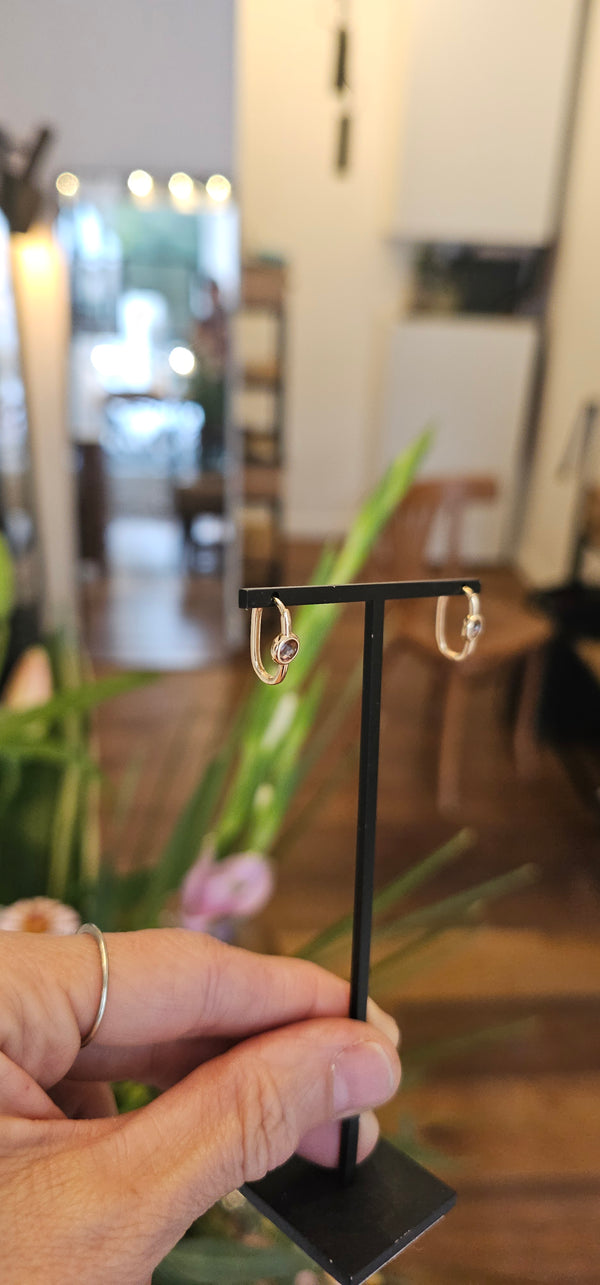 Amethyst hoop earrings, 14k gold, studio photo