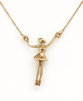 Ballerina Connector Necklace in 14k gold, arms spread wide with each hand joined to the box chain
