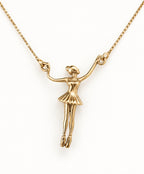 Ballerina Connector Necklace in 14k gold, arms spread wide with each hand joined to the box chain