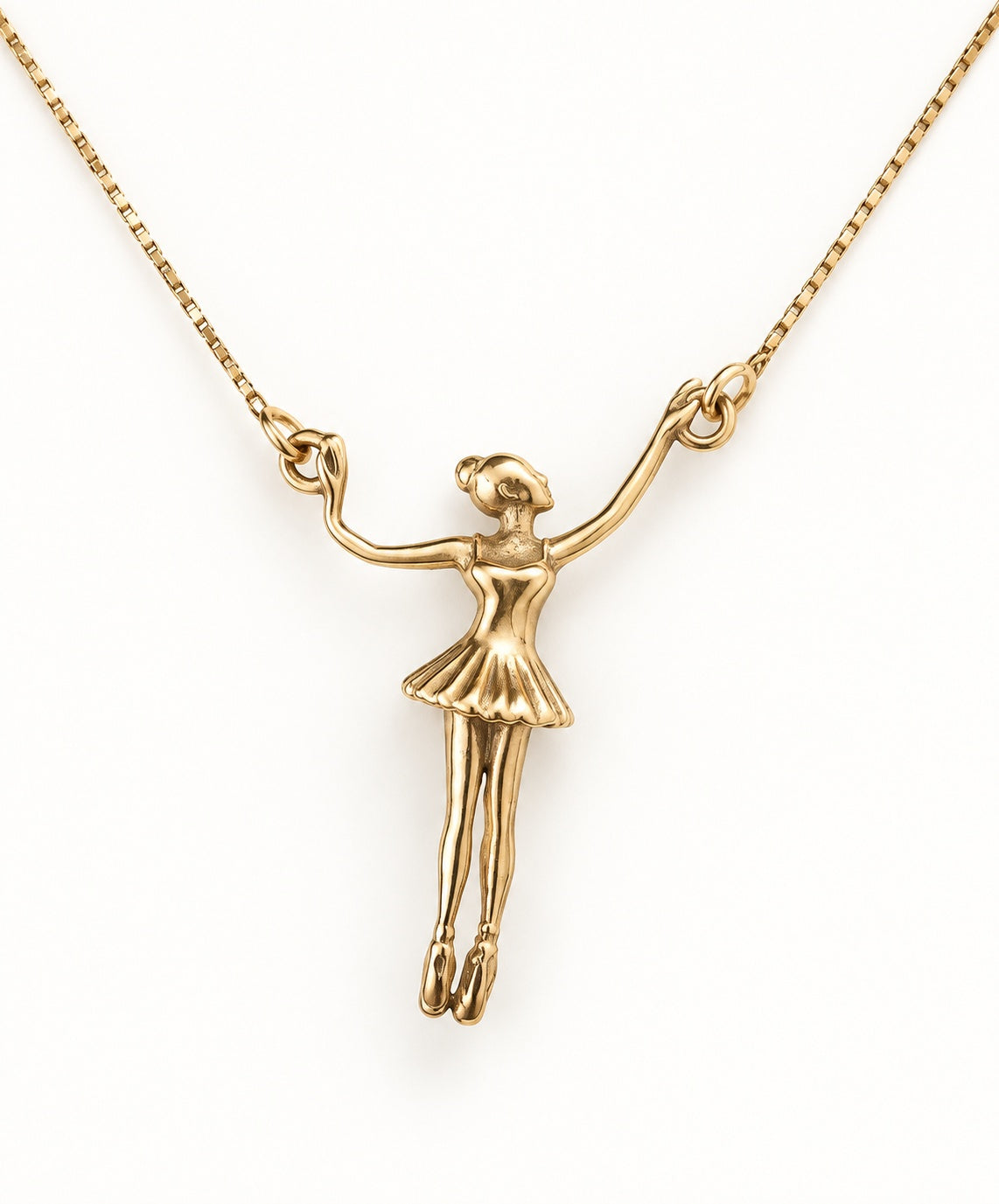 Ballerina Connector Necklace in 14k gold, arms spread wide with each hand joined to the box chain