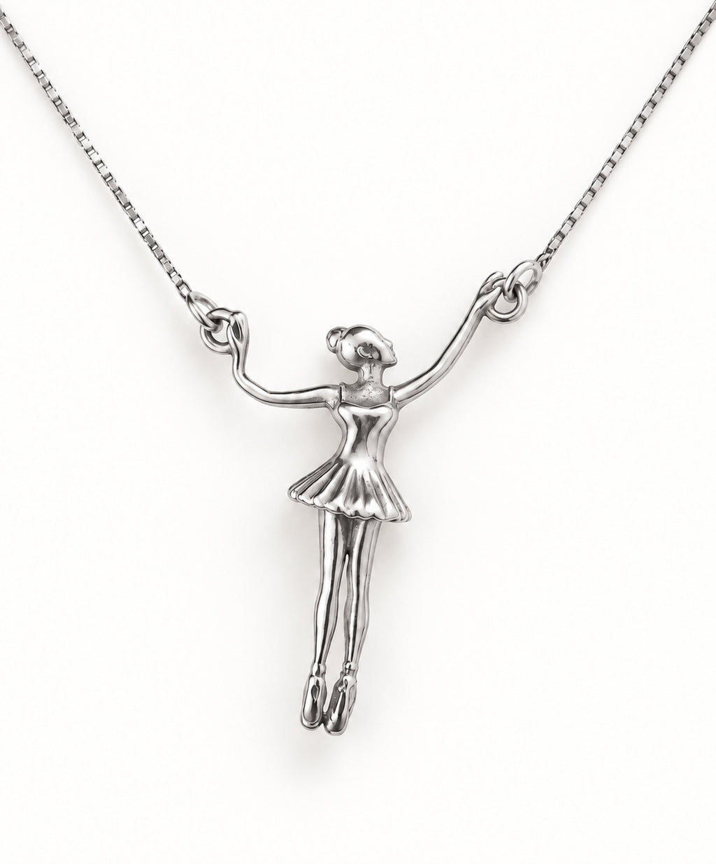 Ballerina Connector Necklace in 14k white gold, arms spread wide with each hand joined to the box chain