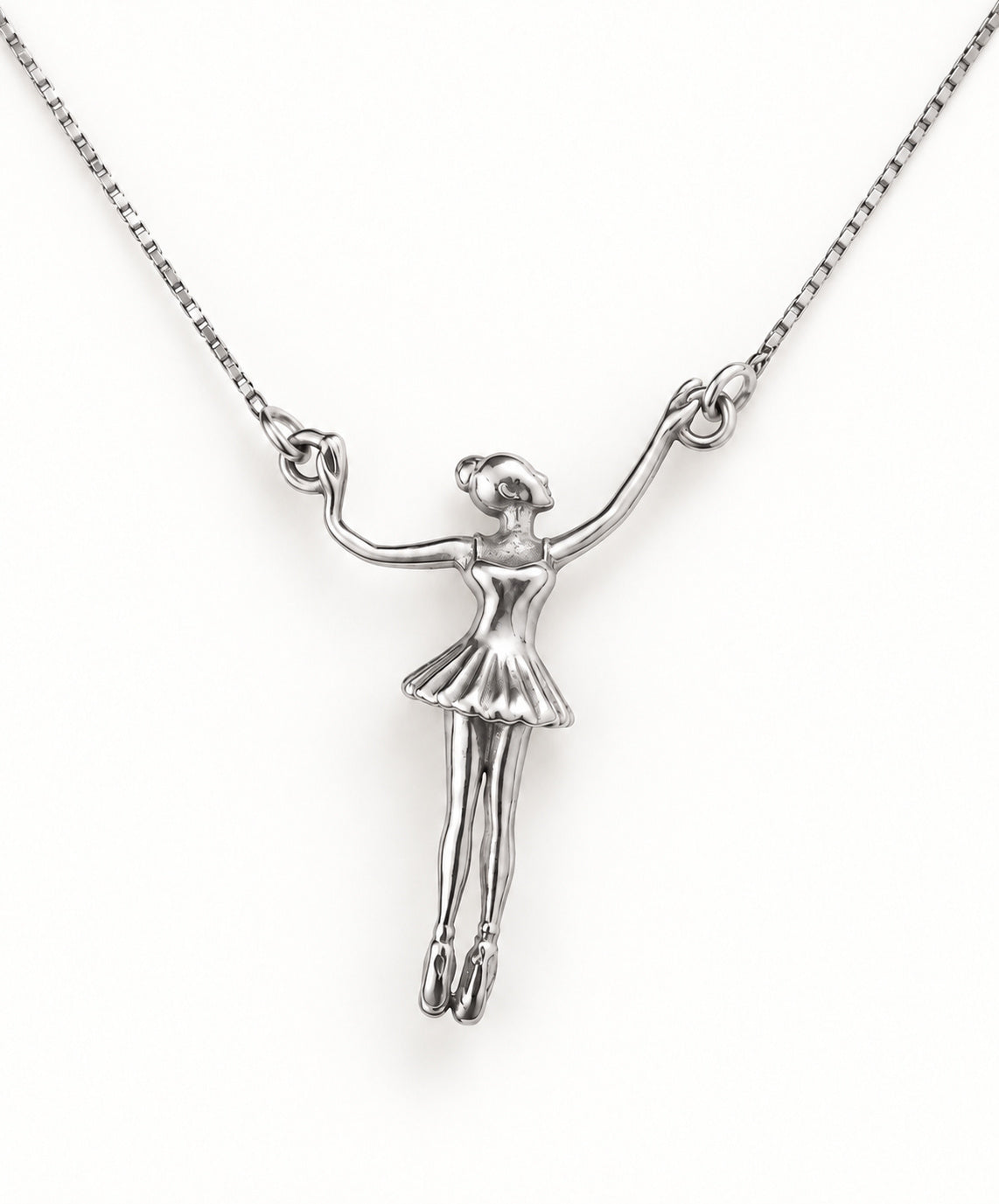 Ballerina Connector Necklace in 14k white gold, arms spread wide with each hand joined to the box chain