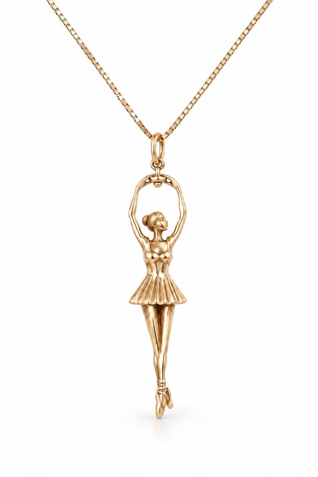 Ballerina Pendant in 14k gold, arms raised overhead holding the bail, on a box chain