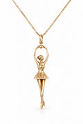 Ballerina Pendant in 14k gold, arms raised overhead holding the bail, on a box chain
