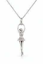 Ballerina Pendant in 14k white gold, arms raised overhead holding the bail, on a box chain