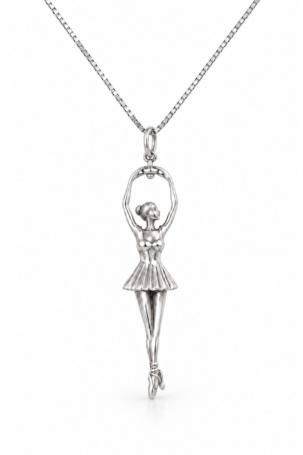 Ballerina Pendant in 14k white gold, arms raised overhead holding the bail, on a box chain