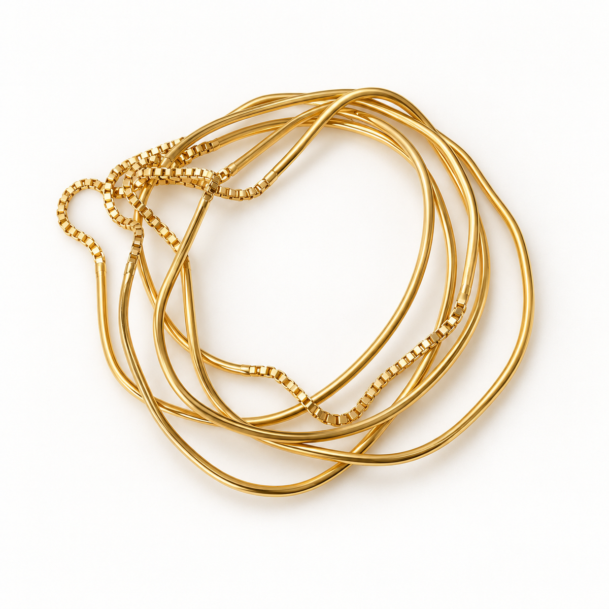 OTILYAS Hurricane Nº 8924, set of 5 gold-plated brass bracelets, one of a kind, top view on white
