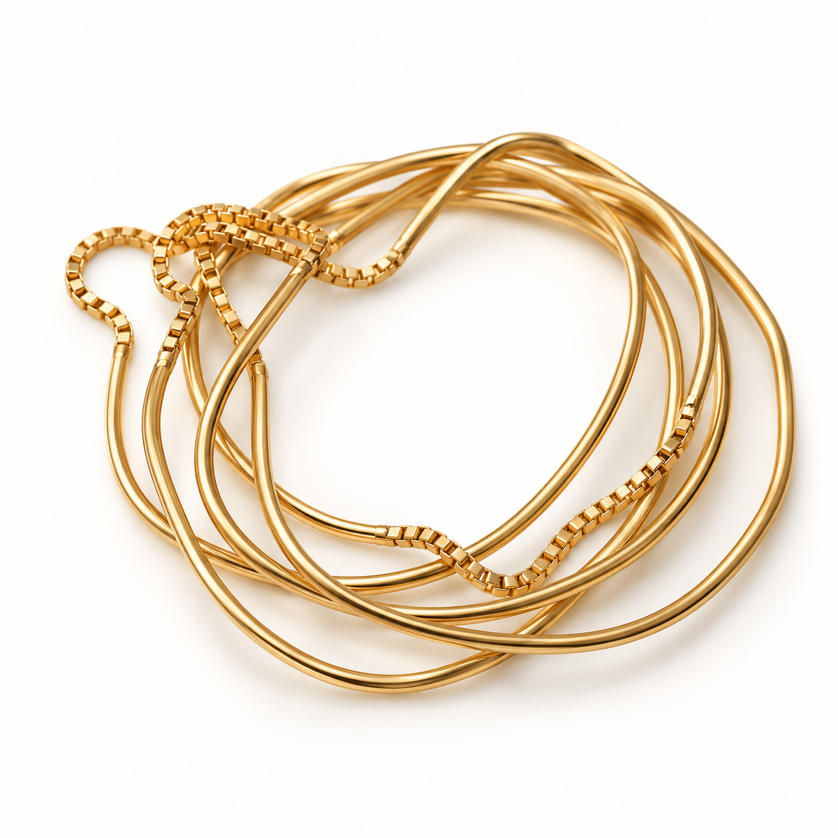 OTILYAS Hurricane Nº 8924, set of 5 sculptural bracelets, matte gold-plated brass, view 2 on white