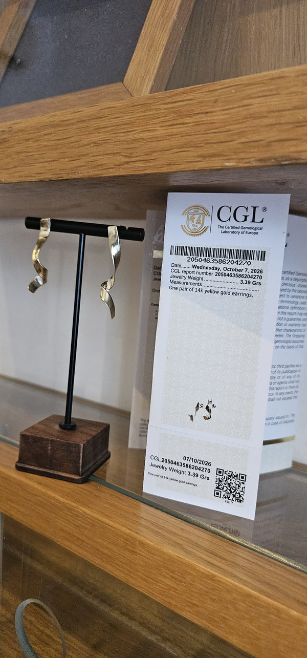 Dafnie Earrings 14k Gold next to their CGL certificate in the OTILYAS studio
