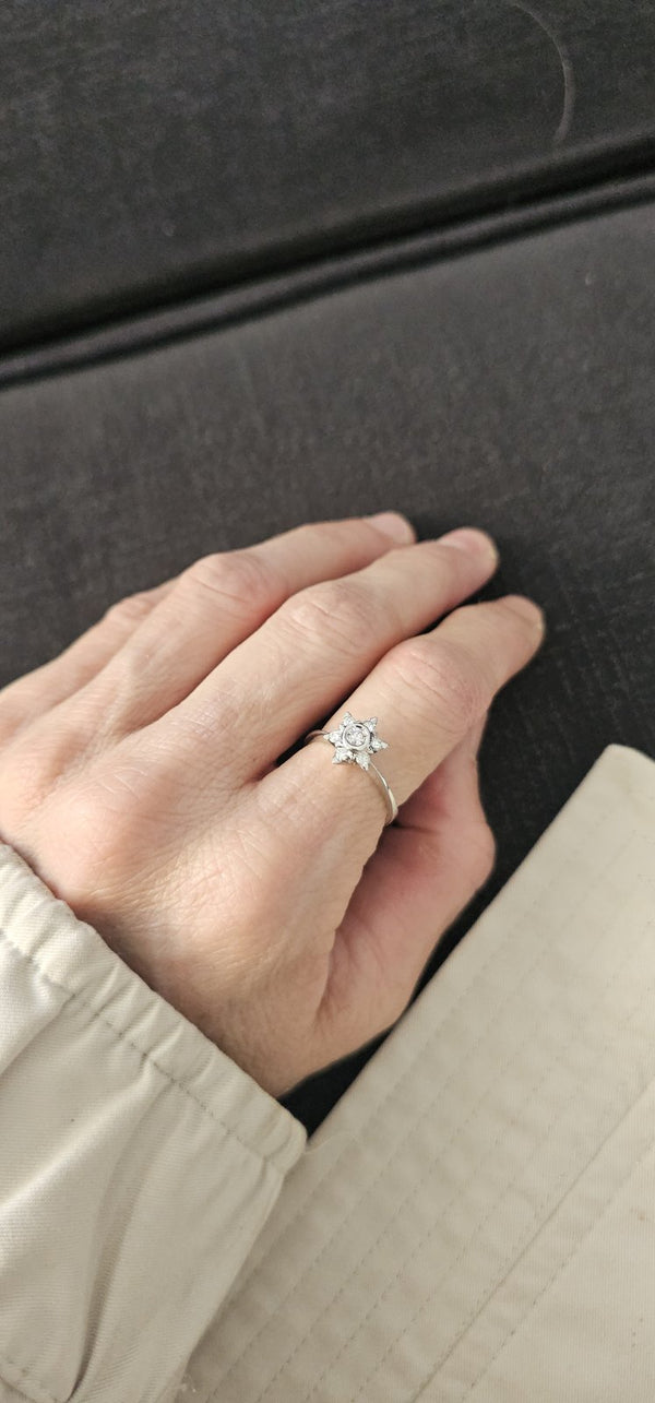 The Platinum Star Ring worn on the hand, star-shaped diamond cluster