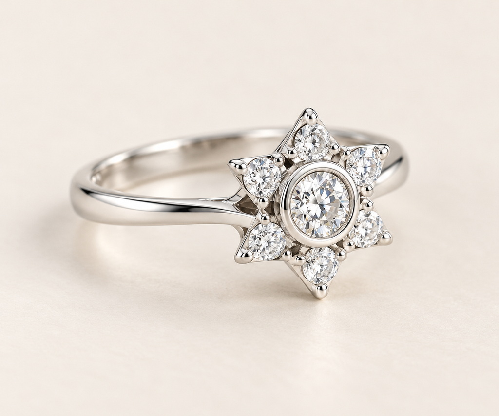The Platinum Star ring, 950 platinum, three-quarter view