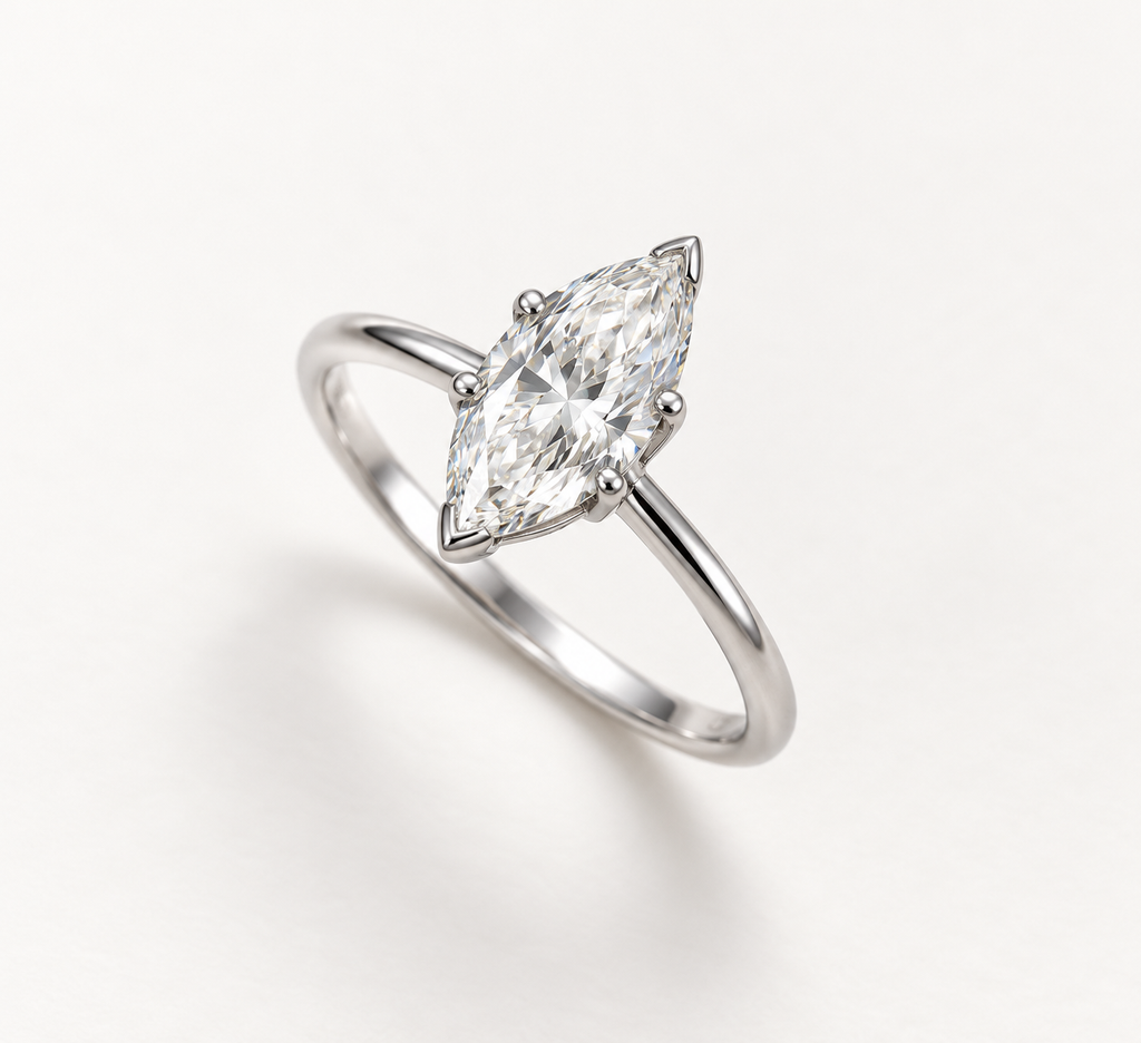 The White Leaf ring, 14k white gold, three-quarter view from above