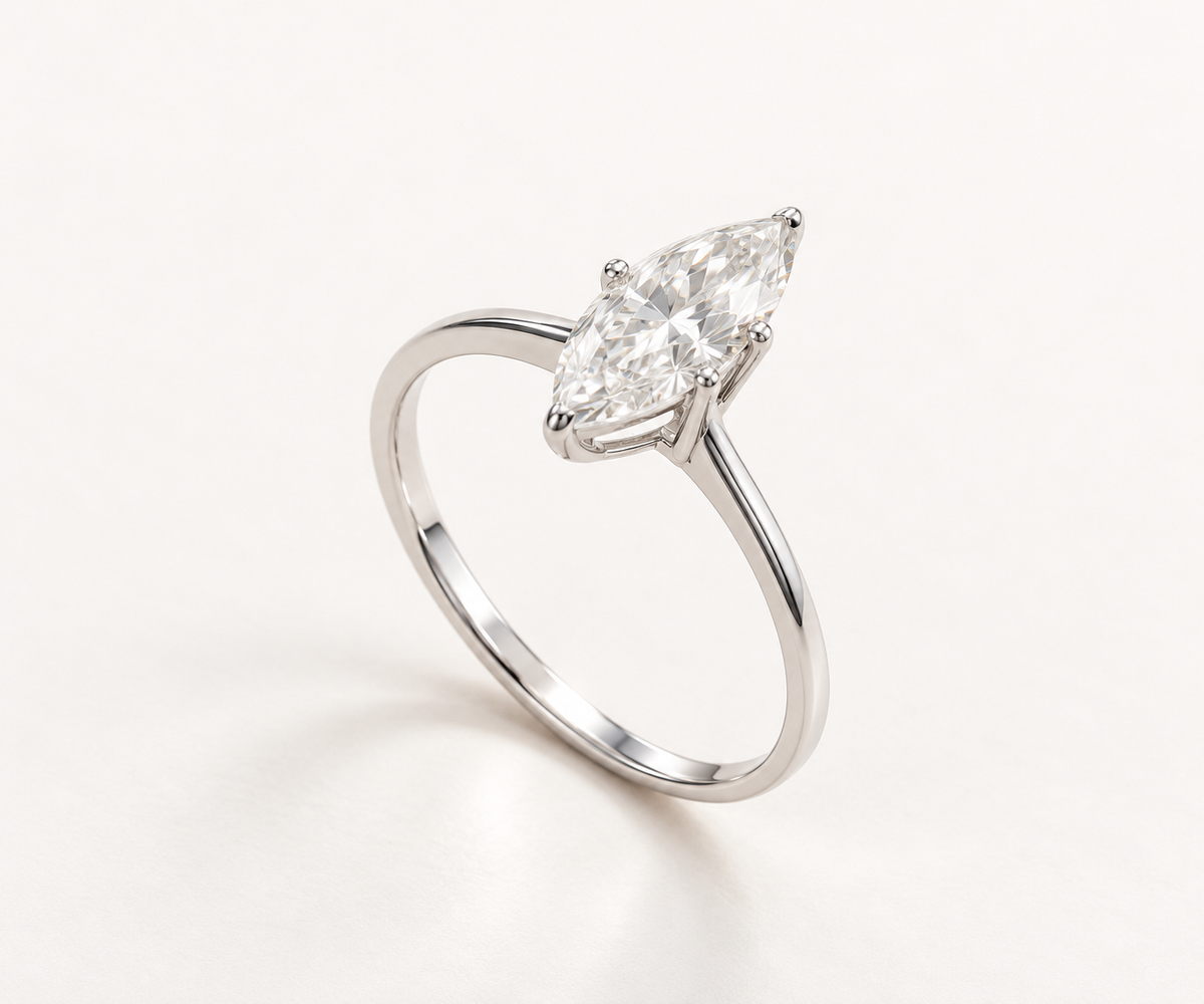 The White Leaf ring, 14k white gold, standing three-quarter view