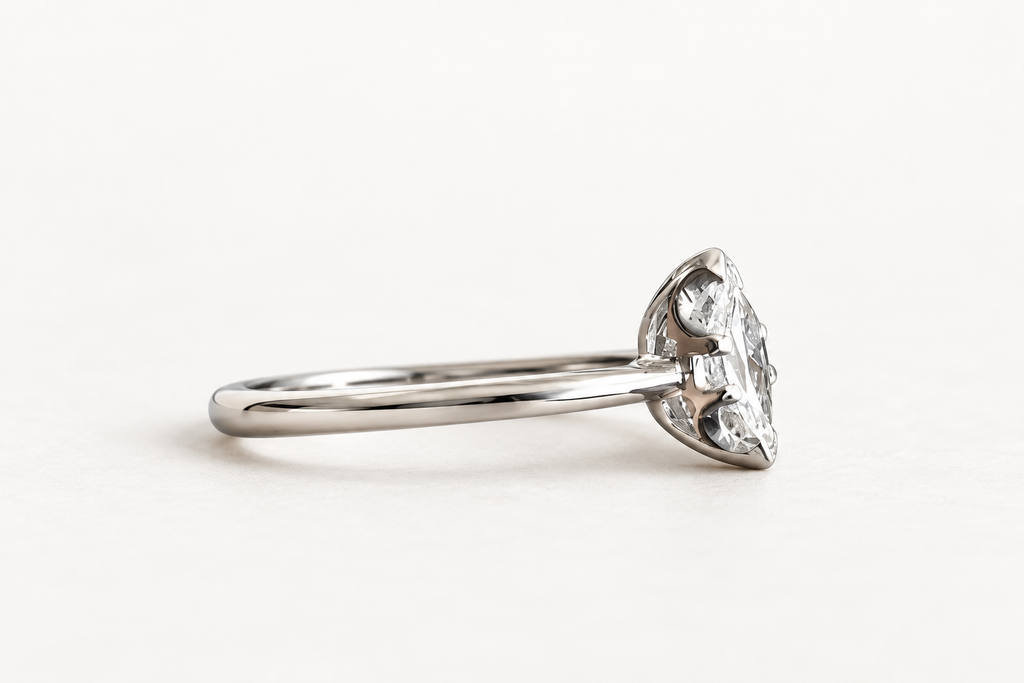The White Leaf ring, 14k white gold, side profile view