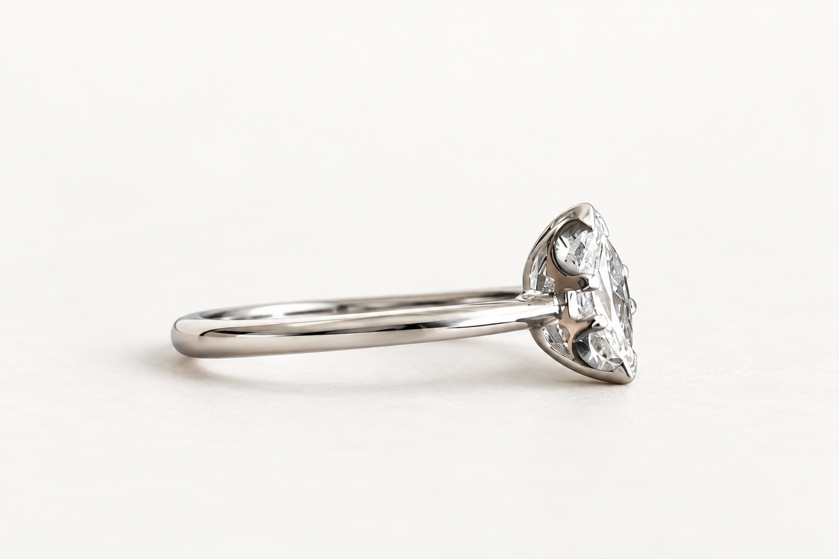 The White Leaf ring, 14k white gold, side profile view