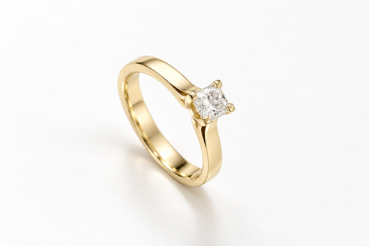 The Sun Square ring, 14k yellow gold, standing three-quarter view