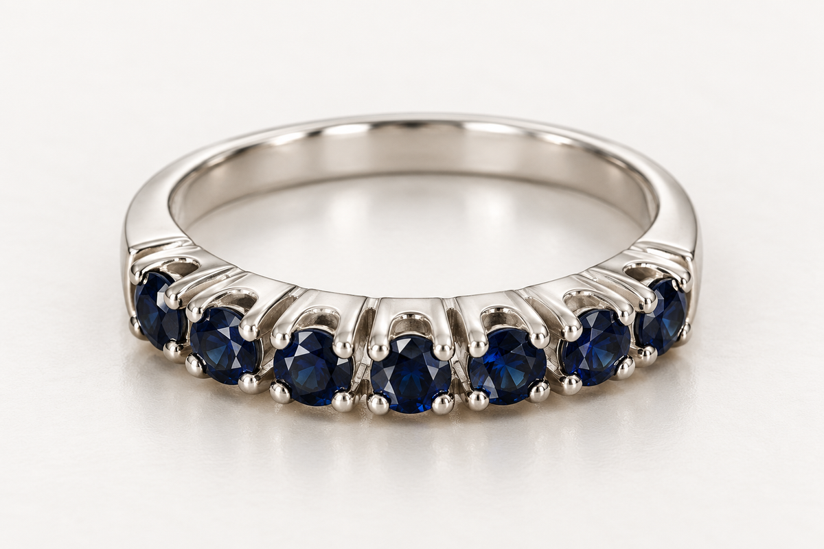 The Sapphire Crown ring, 14k white gold, front view