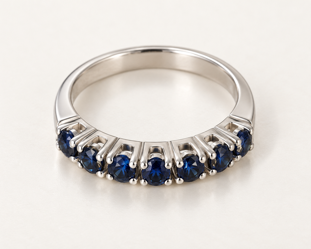 The Sapphire Crown ring, 14k white gold, front view from above