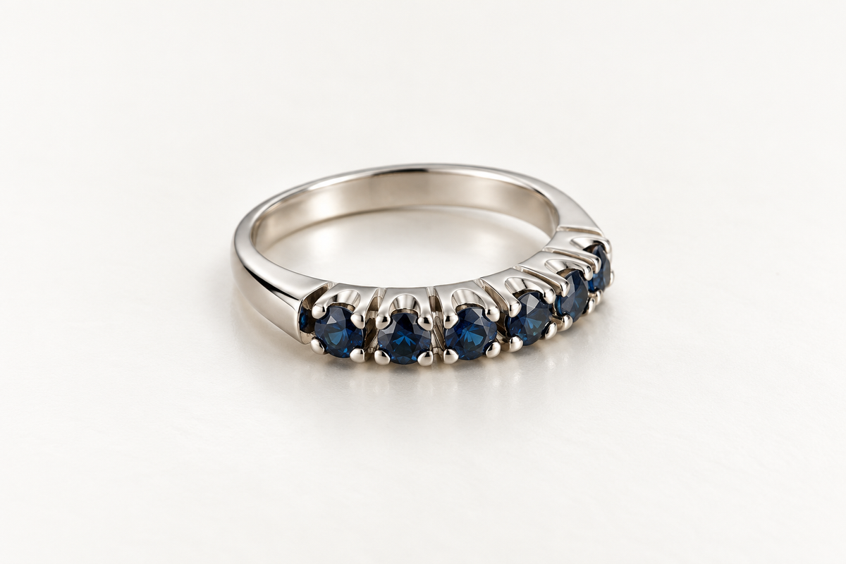 The Sapphire Crown ring, 14k white gold, wide side angle view