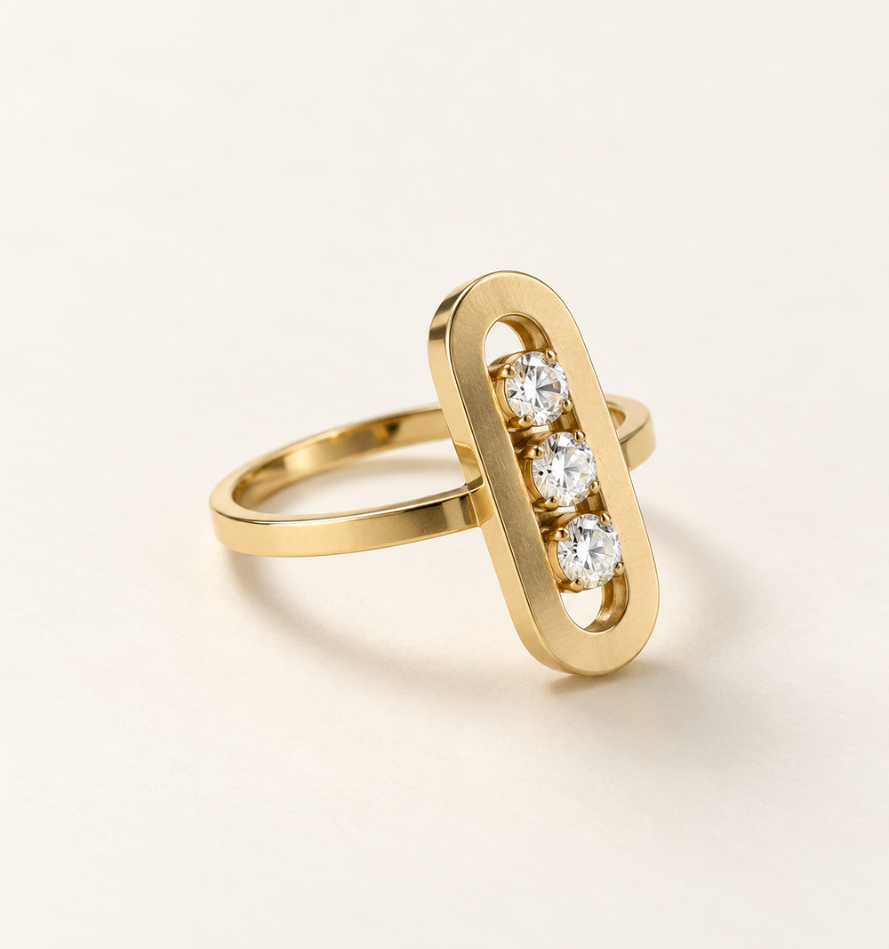 The Three Lights ring, 14k yellow gold, soft three-quarter view