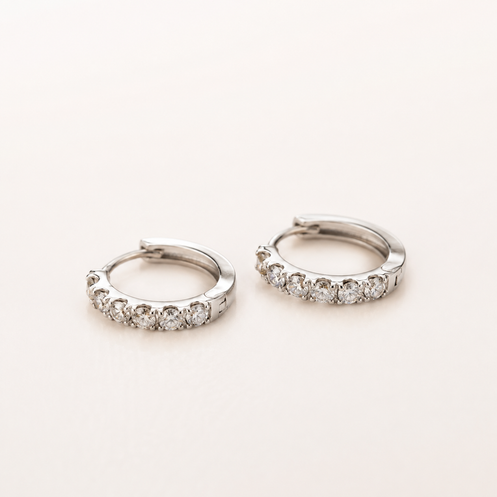 14k white gold little hoops |עגילי חישוק משובצים
