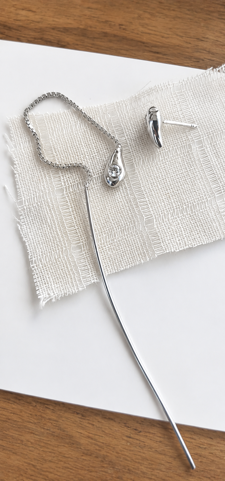 Irregular Threader Earring with Box Chain , Sterling Silver 925 & Lab-Grown Diamond