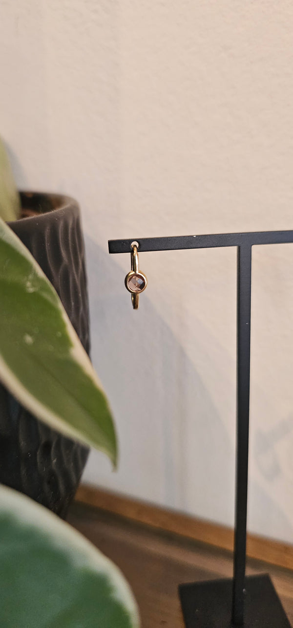 Rose-cut amethyst mini hoops, 14k gold, studio photo